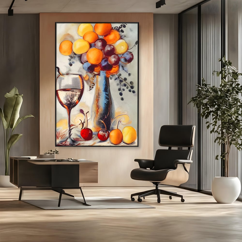 Tablou canvas cu tablou cu sticla, pahar de vin si fructe, in rama de aluminiu negru, pe perete intr-un birou
